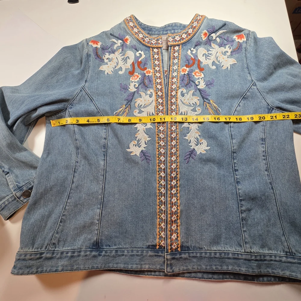Chico's Light Blue Denim Jacket with Floral Embroidery